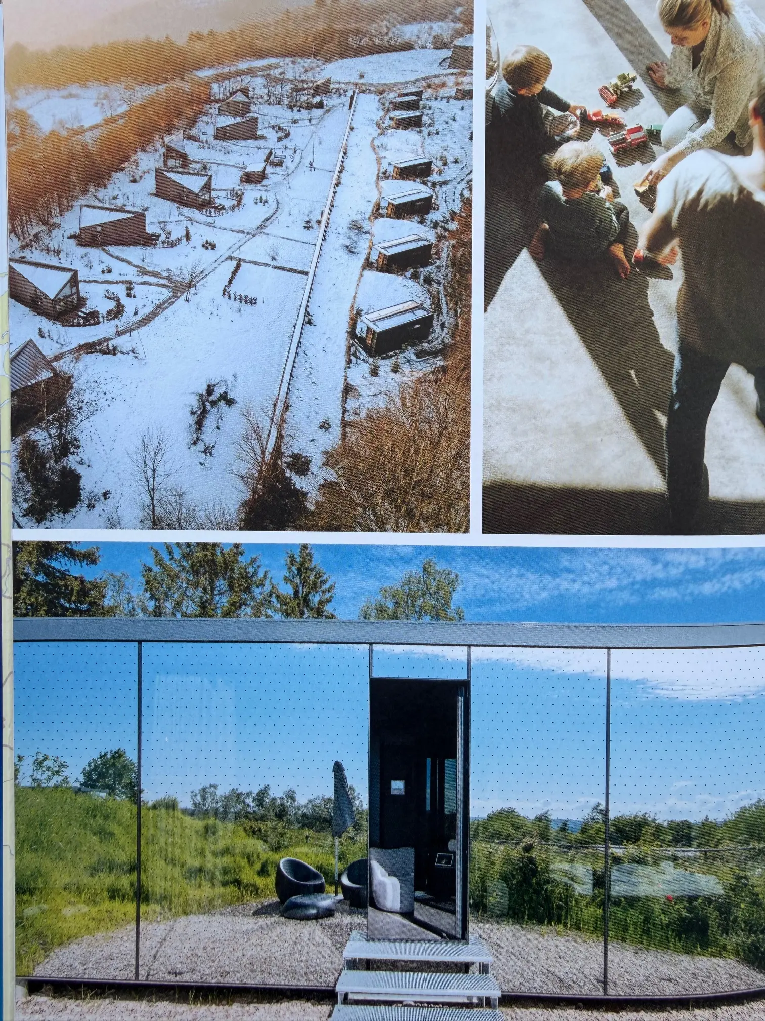 Drei Fotos des Neugrad Eifel: Drohnenaufnahme der schneebedeckten Cabin-Anlage, eine Familie beim Spielen im Innenraum einer Cabin sowie eine Spiegelcabin mit Panoramafassade im Grünen