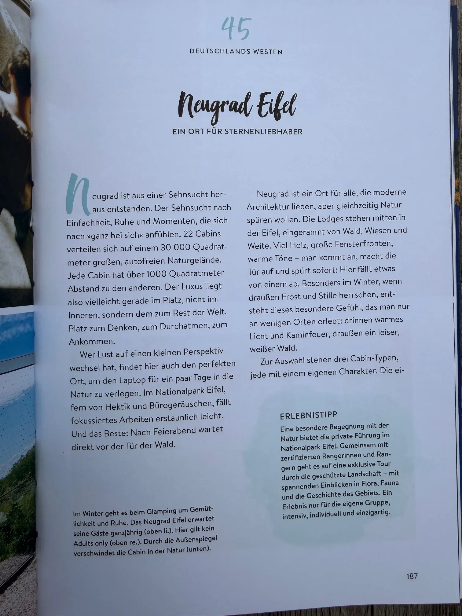 Buchseite aus „Glamping in Deutschland" mit dem Artikel über Neugrad Eifel, einem Glamping-Resort mit 22 Cabins im Nationalpark Eifel